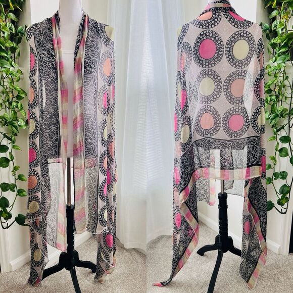 Beautiful Colorful Pink & Black Medallion Boho Long Flowy Chiffon Wrap One Size - Picture 1 of 6